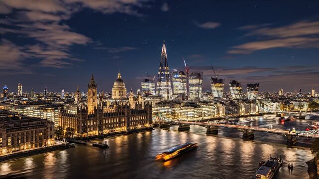London Skyline Timelapse Along River Thames &mdash; Golden Hour to Night Aerial with Light Trails and City Reflections