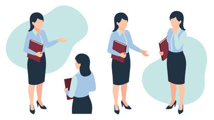 Fototapeta premium Character set features a businesswoman in professional attire holding a red document folder while presenting and standing in poses.