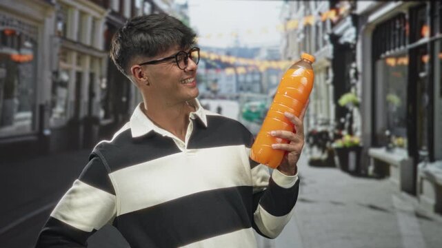 Man holds large orange juice bottle in hand and smiles while inspecting the label on a cobbled street lined with shops; refreshing joy casual.