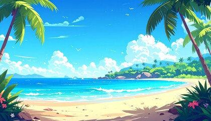 Naklejka premium A serene tropical paradise features a sun-drenched beach with swaying coconut palm trees, golden sand, and turquoise ocean water under a clear summer sky