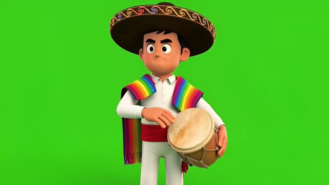 Vibrant 3D Cartoon Character in Traditional Mexican Sombrero and Colorful Serape, Playing a Drum on Green Screen Background for Cultural Celebrations