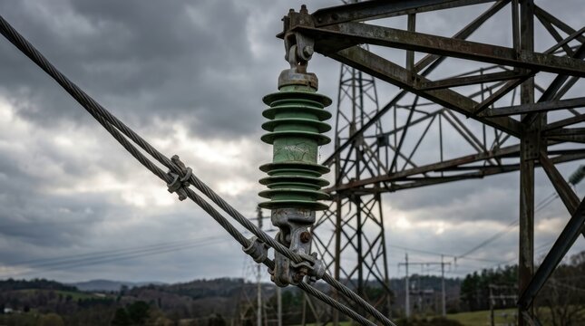 A weathered green composite insulator showing signs of age on an electrical transmission tower under a cloudy sky