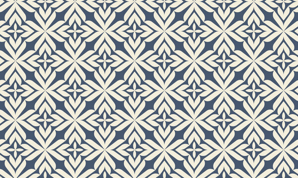 Geometric plant seamless pattern. Floral print in cream and blue colors. Vintage botanical background