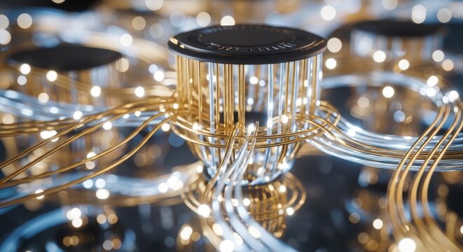 Abstract Digital Network Connection with Glowing Wires and Data Flow.