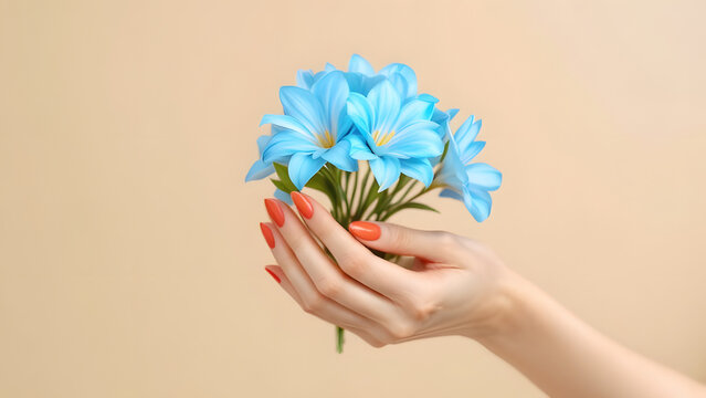 A graceful hand with vibrant orange manicure gently cradles a delicate bouquet of bright blue flowers against a soft, neutral beige background, creating a striking and elegant color contrast