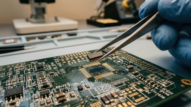 Precision placement of computer microchip onto intricate circuit board by gloved hand using tweezers