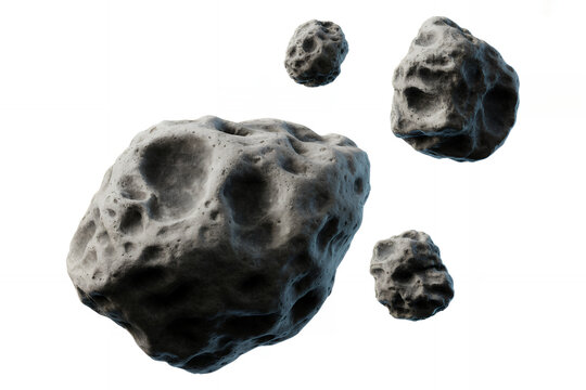 Four gray asteroids floating in space with white background rocks