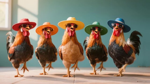 Five roosters dressed with bright hats and sunglasses dancing, creating humorous anthropomorphic fashion concept with playful farm animal character style