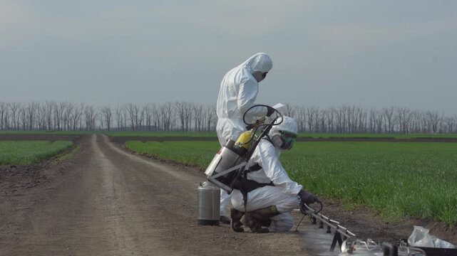 Researchers in protective suits setting up manual spraying equipment at agricultural field edge, preparing for treatment of crop trial plots and field experiment