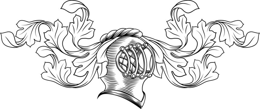 A knights helmet coat arms medieval crest heraldry crest medieval heraldic filigree floral design element pattern design in a vintage etching woodcut style