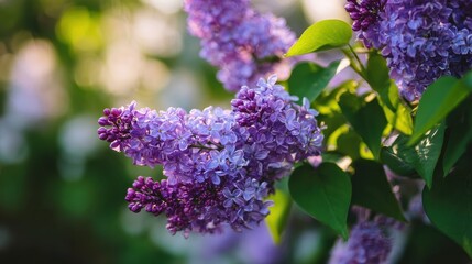 Obraz premium Fragrant lilac panicles in full bloom in a sun-drenched garden, purple petals and leafy stems