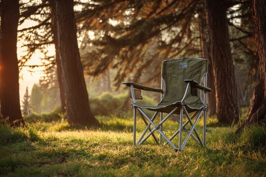 Folding camp chair resting at a sunlit campsite among pine trees
