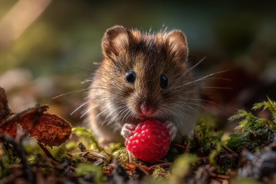 Forest floor moment: a mouse eating a raspberry among moss and pine needles