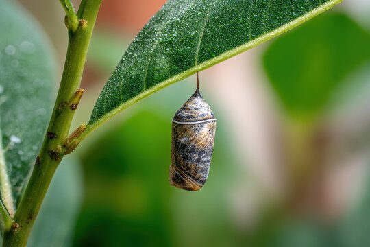 Gentle macro shot of a butterfly pupa clinging to a leaf in garden light