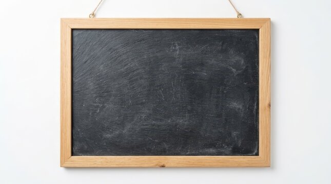 A rectangular slate chalkboard with a light wood border, suspended by strings, ready for writing and education.