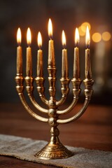 Fototapeta premium Golden Hanukkah menorah with lit candles on a warm wooden table