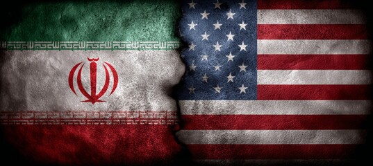 Obraz premium Iran and America flags. Country rivalry tension. Generative AI technology. 
