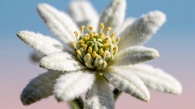 Close up macro of a white edelweiss flower with fuzzy petals and yellow stamens, set against a soft pastel sky background, calm alpine nature mood