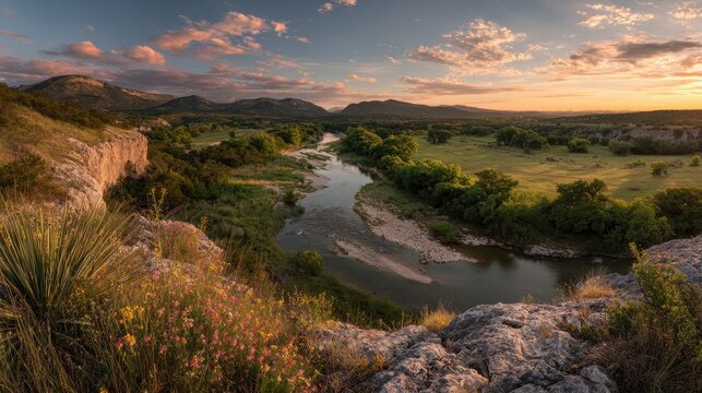 Golden hour light on rugged West Texas hills and river canyon by Garner State Park