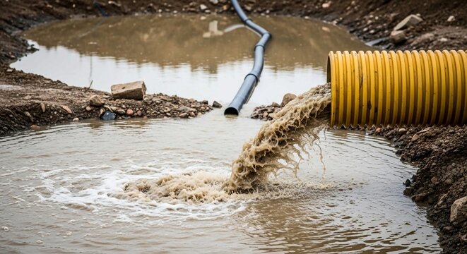 Worker pumping sewage from a septic tank using a hose and vacuum pump,Water flows from a large yellow corrugated pipe into a muddy pool at a construction site with a black plastic pipe visible in the 