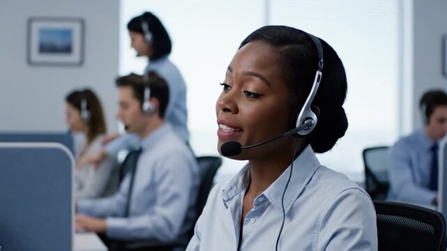 A friendly customer service representative wearing a headset speaks while working in a busy office environment with colleagues around