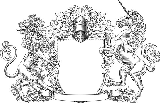 A unicorn and lion coat of arms or crest family heraldry medieval heraldic knight shield. With helmet and acanthus filigree scroll ornament in a vintage woodcut style.