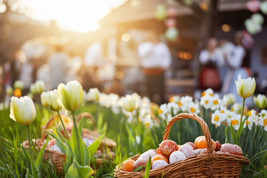 Beautiful Easter spring scene in a village, soft warm sunlight, blooming tulips and daffodils, colorful painted Easter eggs and wicker baskets in the foreground
