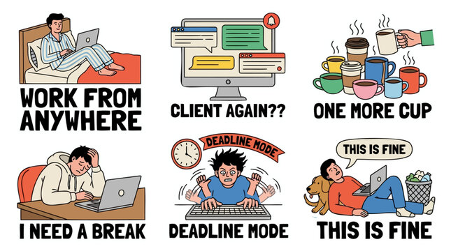 Freelance chaos cartoon sticker set flat vector featuring work from bed client message notification coffee overload needing a break deadline mode panic and burnout with this is fine meme concept