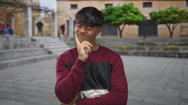 Young man with finger to chin in a building courtyard by stone steps, puzzled expression and folded arms; thoughtful contemplation.
