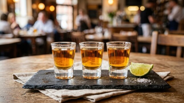 Three Immaculate Clear Shot Glasses Holding Amber Tequila With Lime and Salt On A Rustic Serving Board