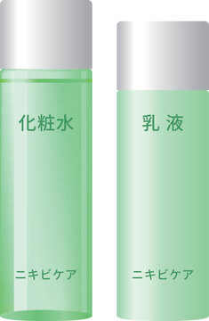 シンプルな化粧水と乳液のボトルセット（ニキビケア）