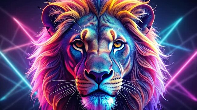 Neon Lion Portrait with Dynamic Lighting and Geometrical Shapes Animation