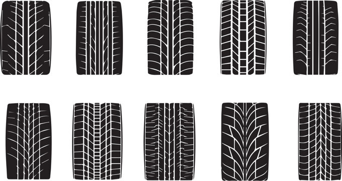 Varied tire tread patterns displayed in a comparative black and white illustration