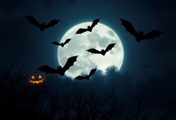Fototapeta premium Spooky Halloween bat silhouettes against a moonlit night sky, flying mammal, creepy
