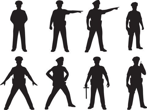 Collection of black silhouettes of police officers in various professional poses and stances