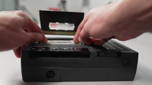 Man's hand inserting the audio cassette into the retro portable tape player and presses the play button.
