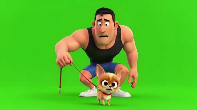 A muscular cartoon man with a worried expression is cautiously walking a small, scared chihuahua on a red leash against a green background