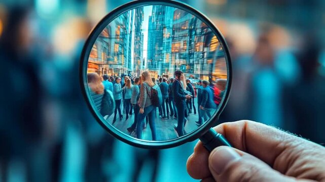 A hand holds a magnifying glass focusing on a crowd of people walking down a city street with tall buildings in the background.