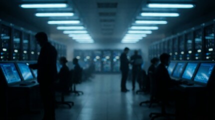 Fototapeta premium A wider, blurred view of IT professionals working diligently amidst numerous rows of illuminated server racks in a secure, high-tech data center.