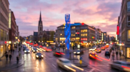 Fototapeta premium A busy city street scene at dusk is beautifully blurred with vibrant light trails from moving vehicles and illuminated buildings under a colorful sky.