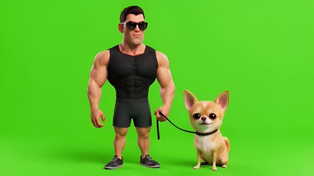3D rendered muscular man in sunglasses proudly walks his tiny chihuahua dog on a leash, an unexpected and charming duo showcasing contrasting sizes, isolated on a vibrant green screen