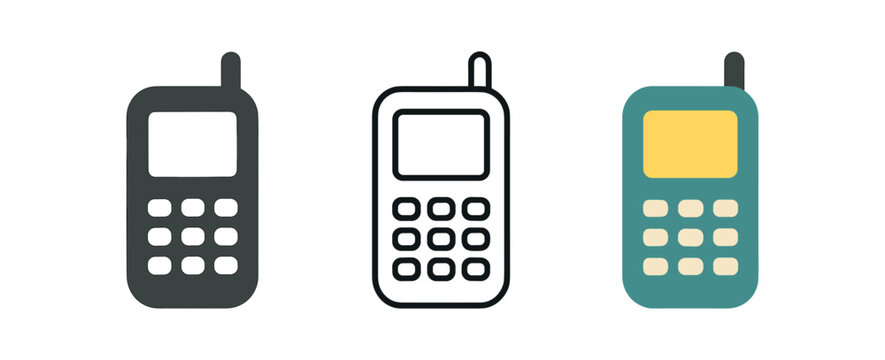 Mobile phone icon set. cellphone, handset, keypad, communication, call, mobile device, signal, retro phone. line, flat and colored vector icon set.