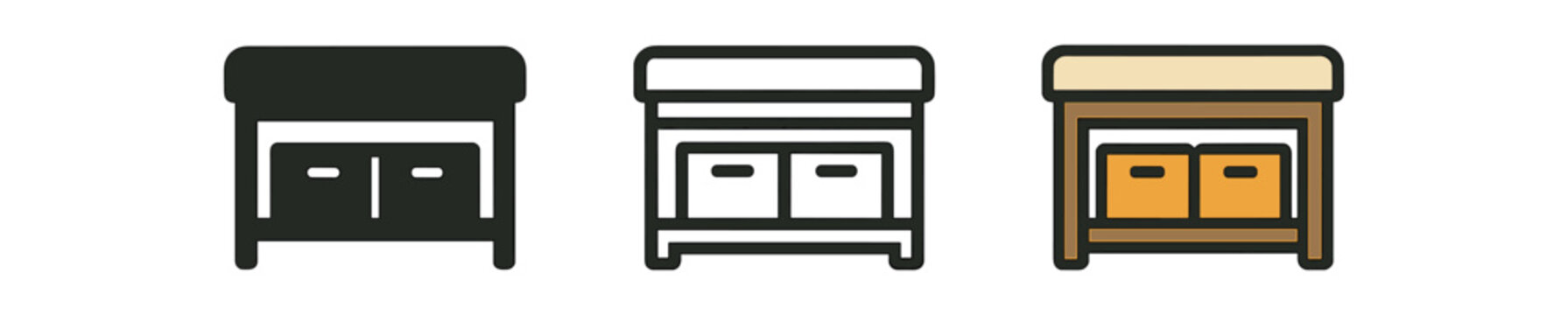 Nightstand icon set. bedside table, bedside cabinet, drawer, bedroom furniture, lamp table, storage. line, flat and colored vector icon set.