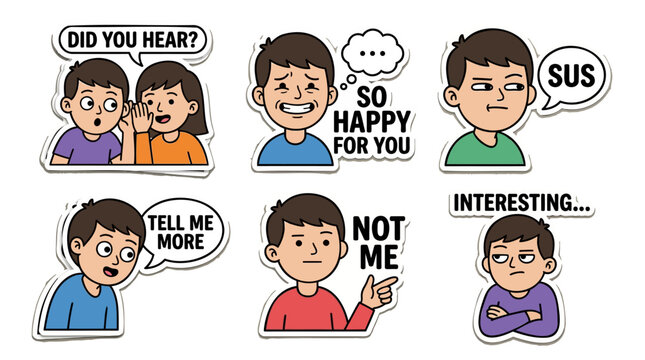 Office politics cartoon sticker set flat vector featuring gossip whispering fake happy for you suspicious look tell me more not me and interesting reaction with expressive character design pack