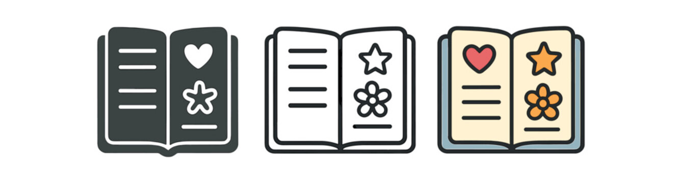 Open journal icon set. notebook, diary, planner, scrapbook, journaling, notes, heart, star, flower, creativity, memory keeping. outline flat and colored vector illustration.