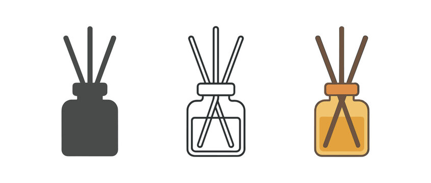 Reed diffuser bottle with sticks icon set. aroma, fragrance, scent, essential oil, home fragrance, aromatherapy. line, flat and colored vector icon set.