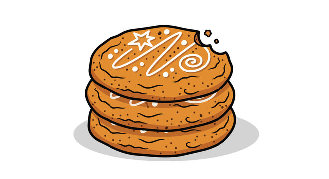 A delightful stack of homemade decorated gingerbread cookies featuring intricate white icing patterns and a playful bite mark on the top treat