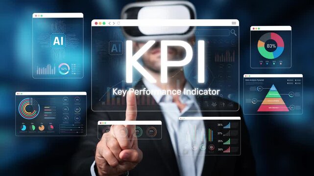 Business professional using virtual reality headset to analyze key performance indicators with data visualization and analytics in corporate environment Sigmoid