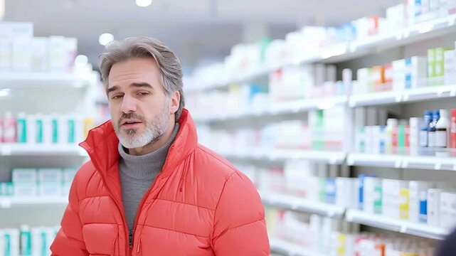 A man in a red jacket stands in front of shelves in a store.