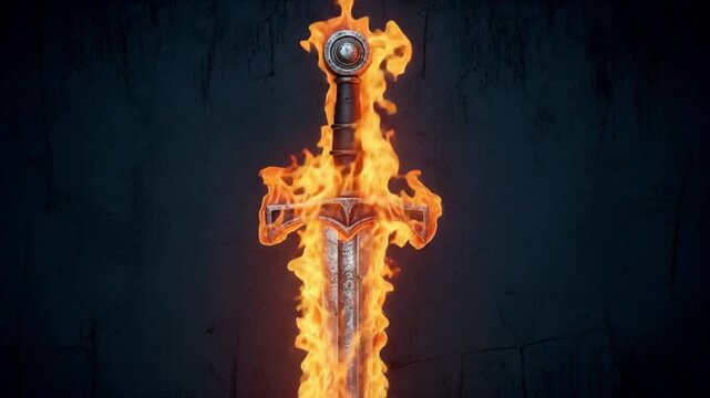 A sword engulfed in flames against a dark background, symbolizing power and intensity in a dramatic scene